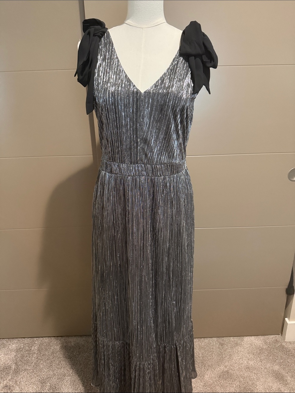LOFT Silver Metallic Pleated Maxi Dress with Black Shoulder Ties